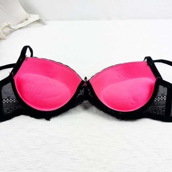 BUY 1 GET 1 FREE Jezebel 34b hot pink black lace mesh bra lingerie - Picture 2 of 12
